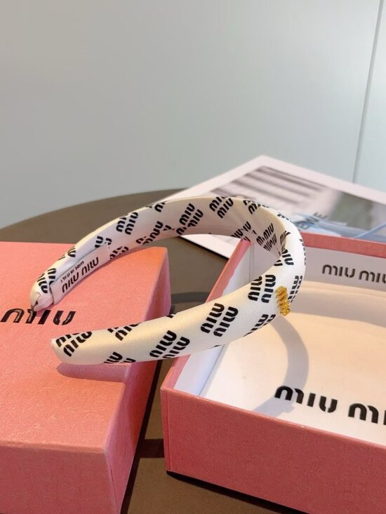 Miu Miu White Hoadband with Black Logo and Gold Accent